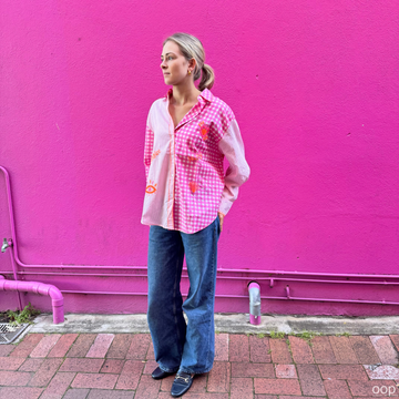 Pink Gingham Embroidered Cotton Shirt