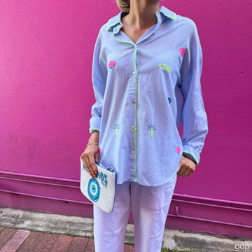 Blue Stripe Embroidered Cotton Shirt