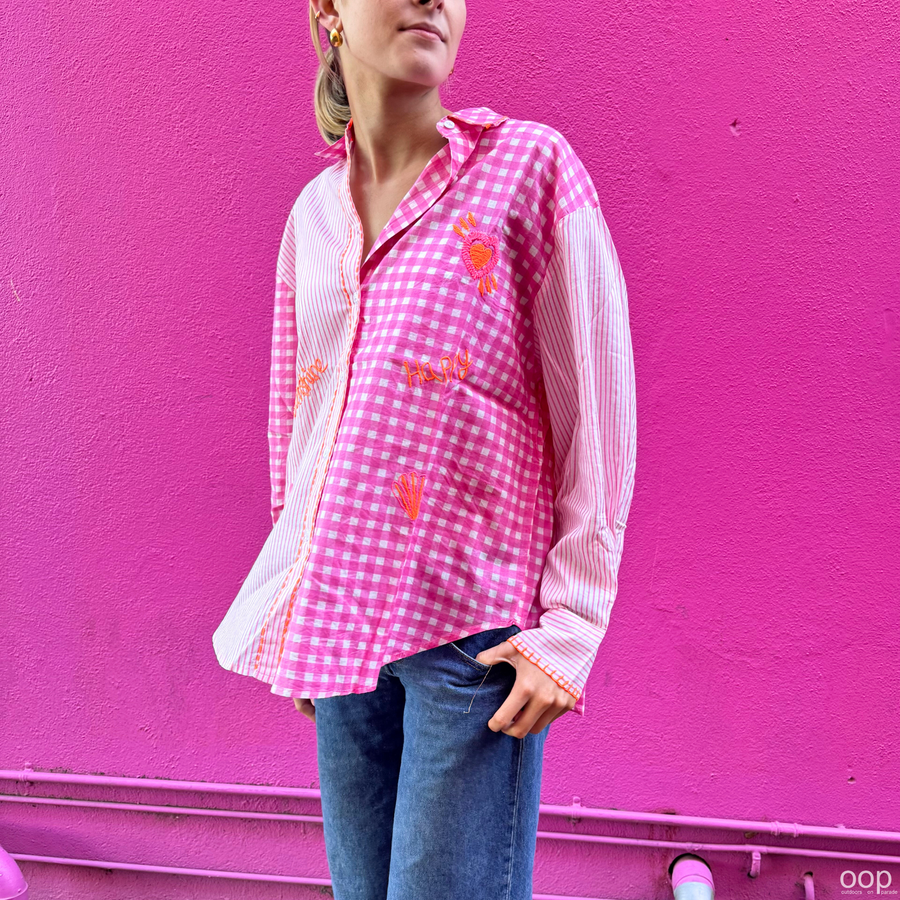 Pink Gingham Embroidered Cotton Shirt