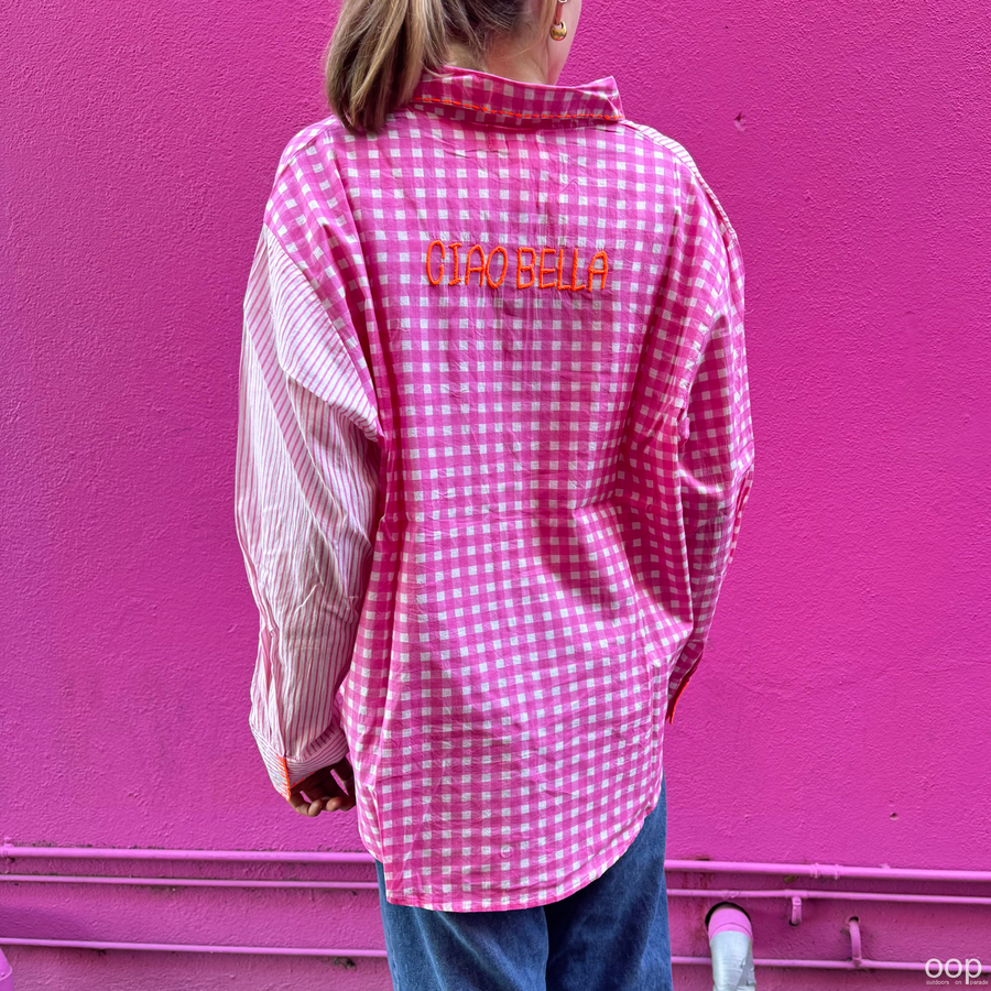 Pink Gingham Embroidered Cotton Shirt