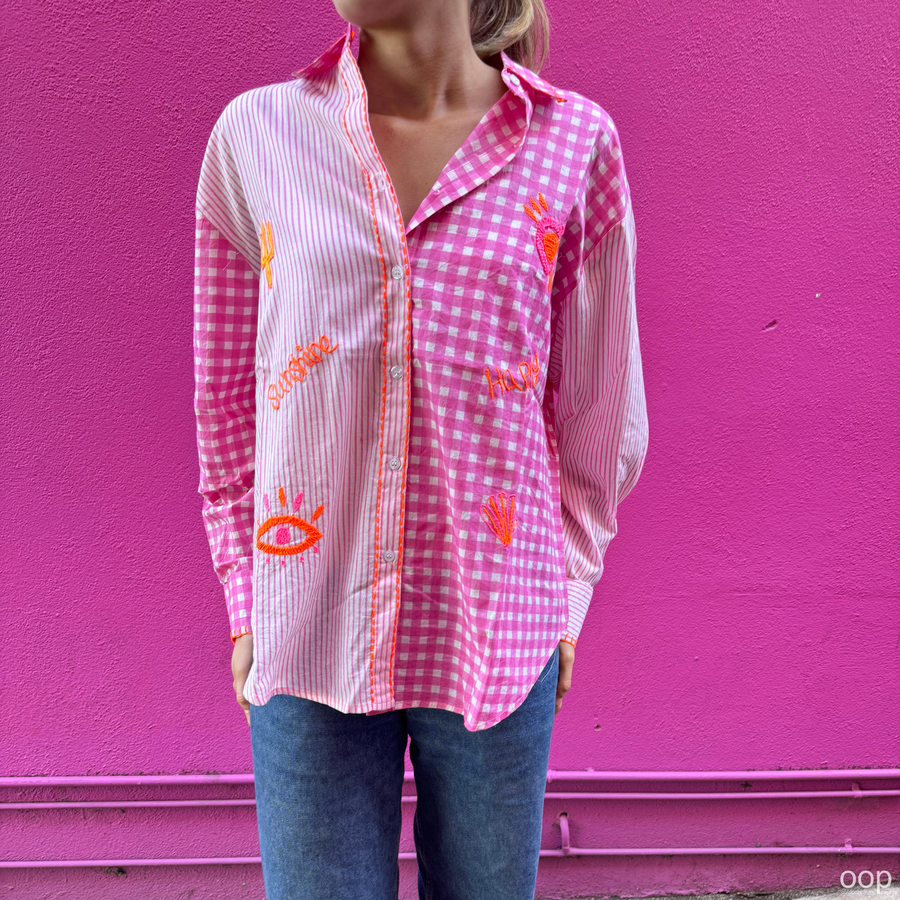 Pink Gingham Embroidered Cotton Shirt