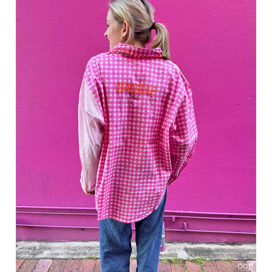 Pink Gingham Embroidered Cotton Shirt