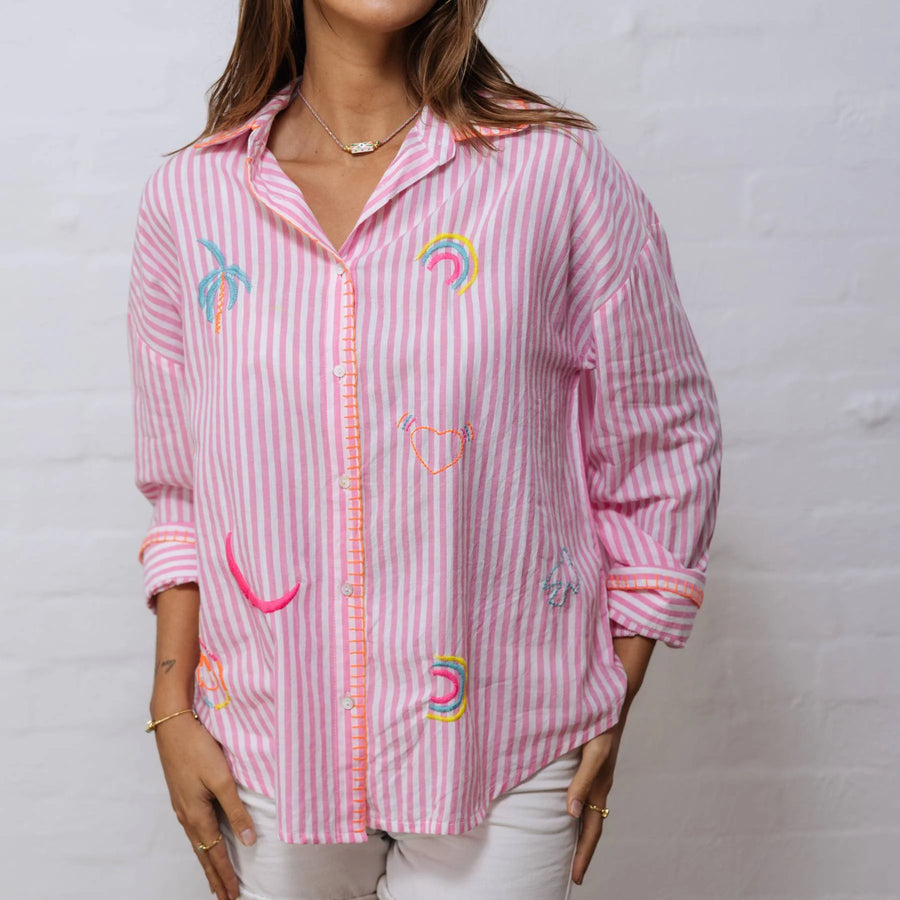 Pink & White Striped Embroidered Shirt