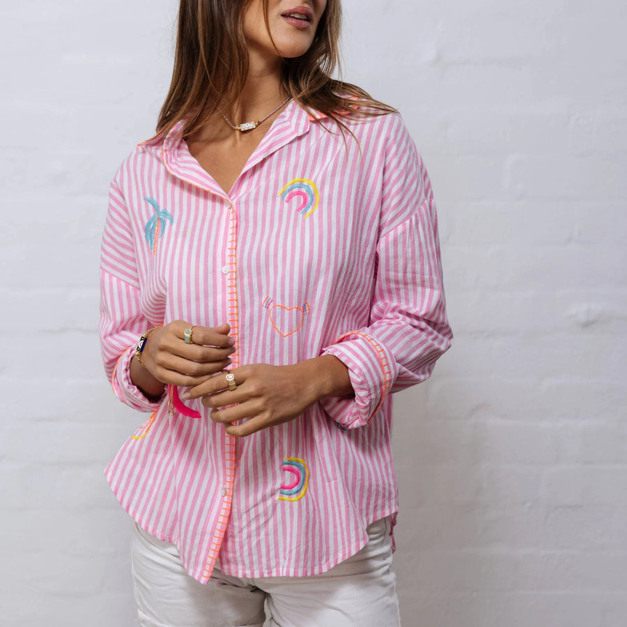 Pink & White Striped Embroidered Shirt