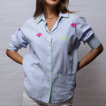 Blue Stripe Embroidered Cotton Shirt