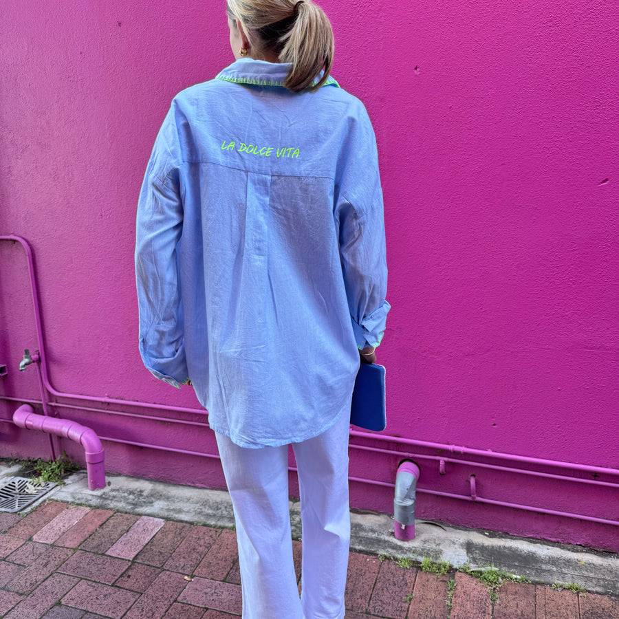 Blue Stripe Embroidered Cotton Shirt