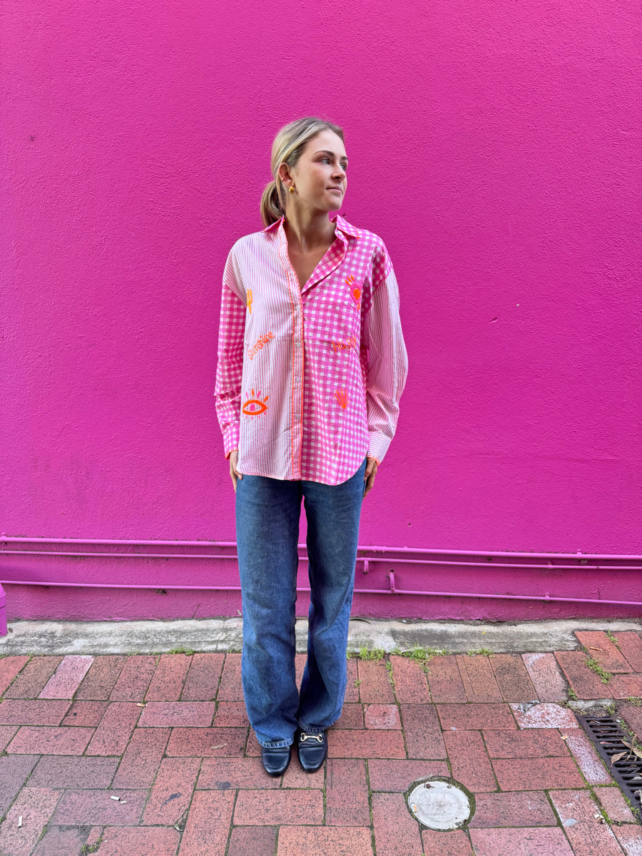 Pink Gingham Embroidered Cotton Shirt