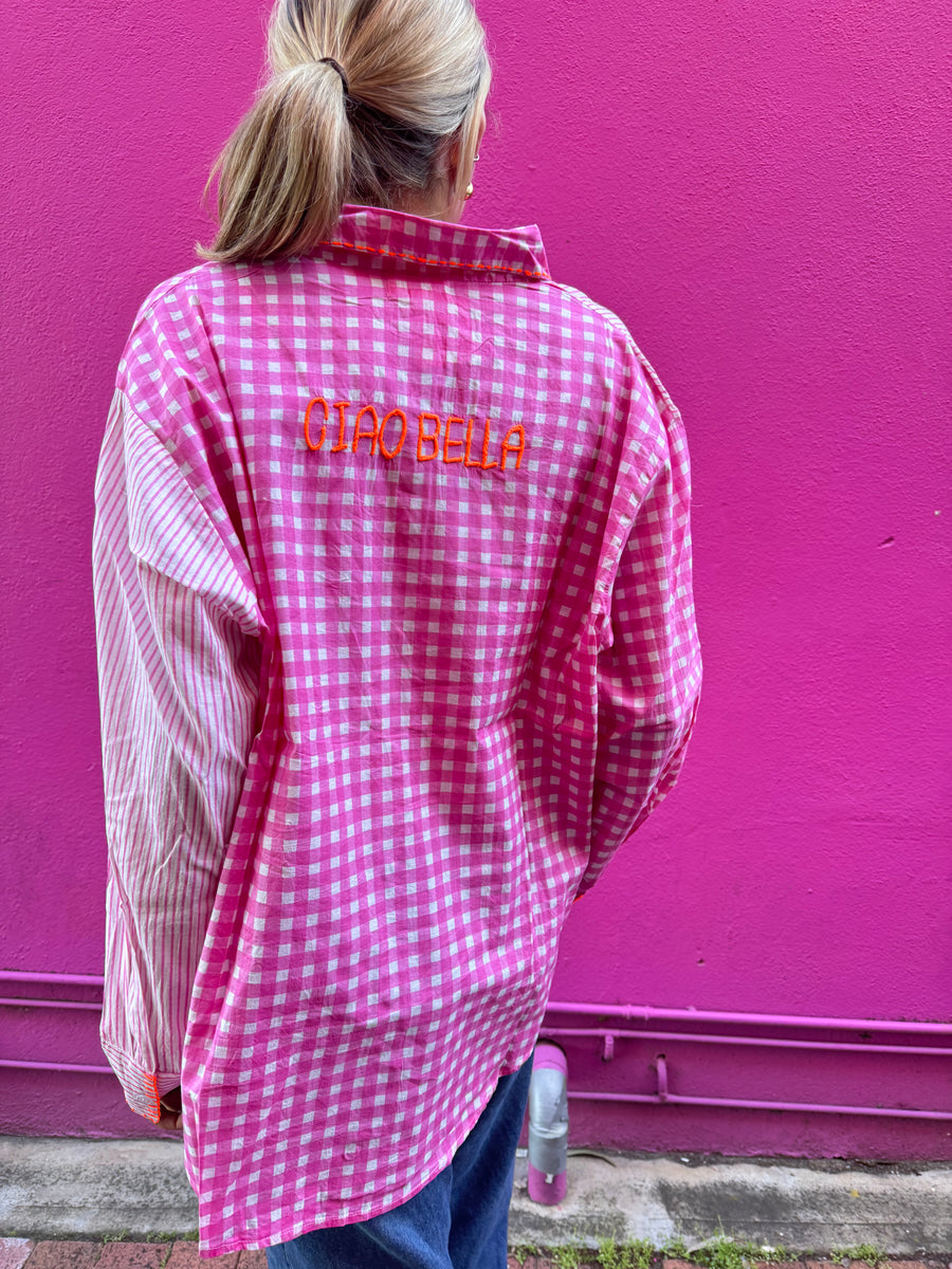 Pink Gingham Embroidered Cotton Shirt