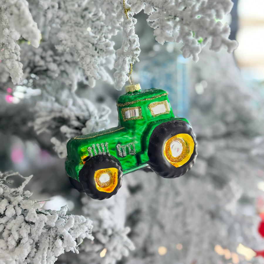 Glass Green Tractor Christmas Ornament
