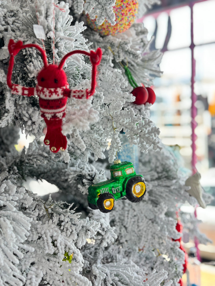 Glass Green Tractor Christmas Ornament