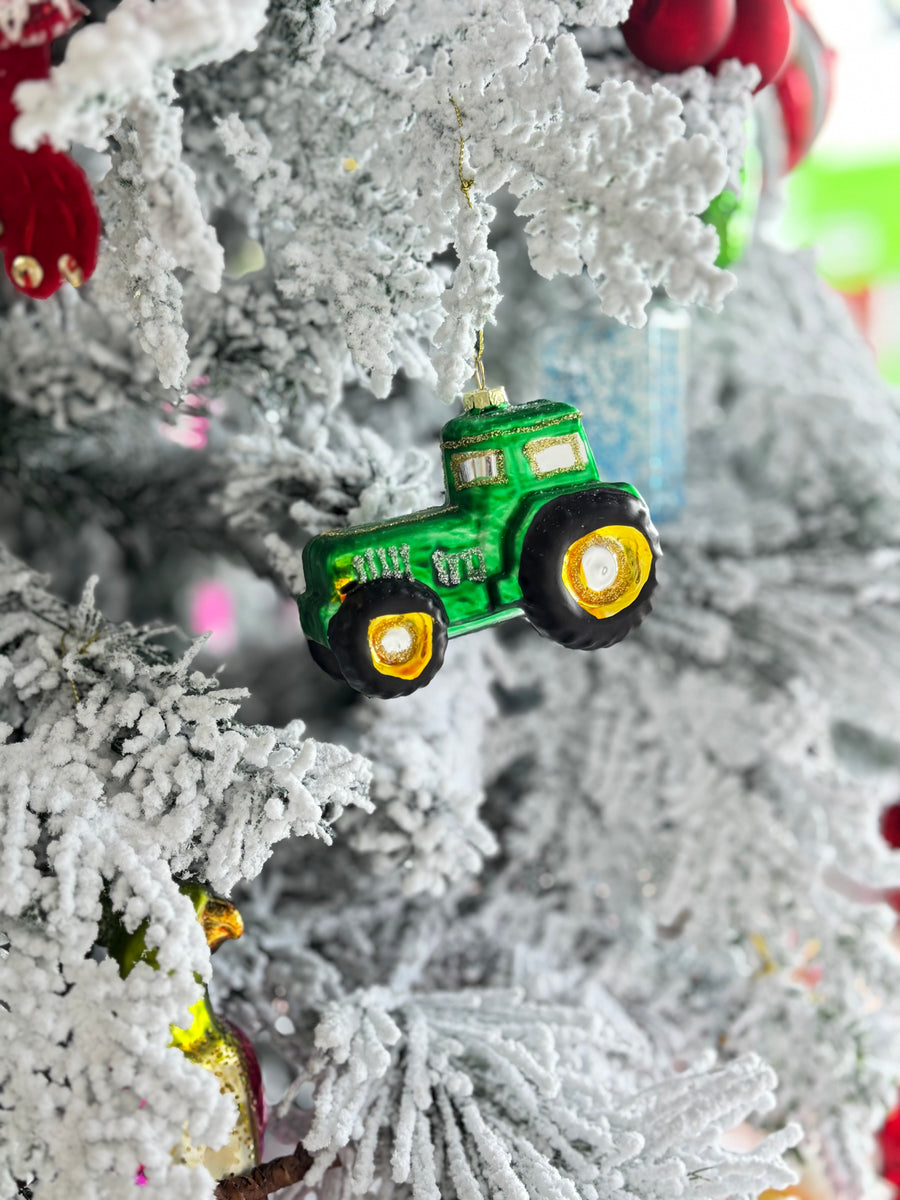 Glass Green Tractor Christmas Ornament