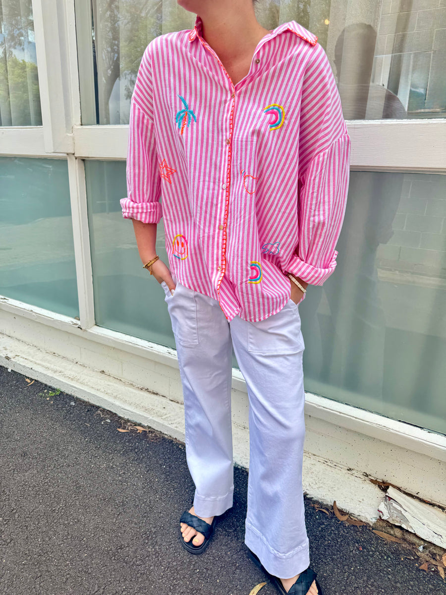 Pink & White Striped Embroidered Shirt
