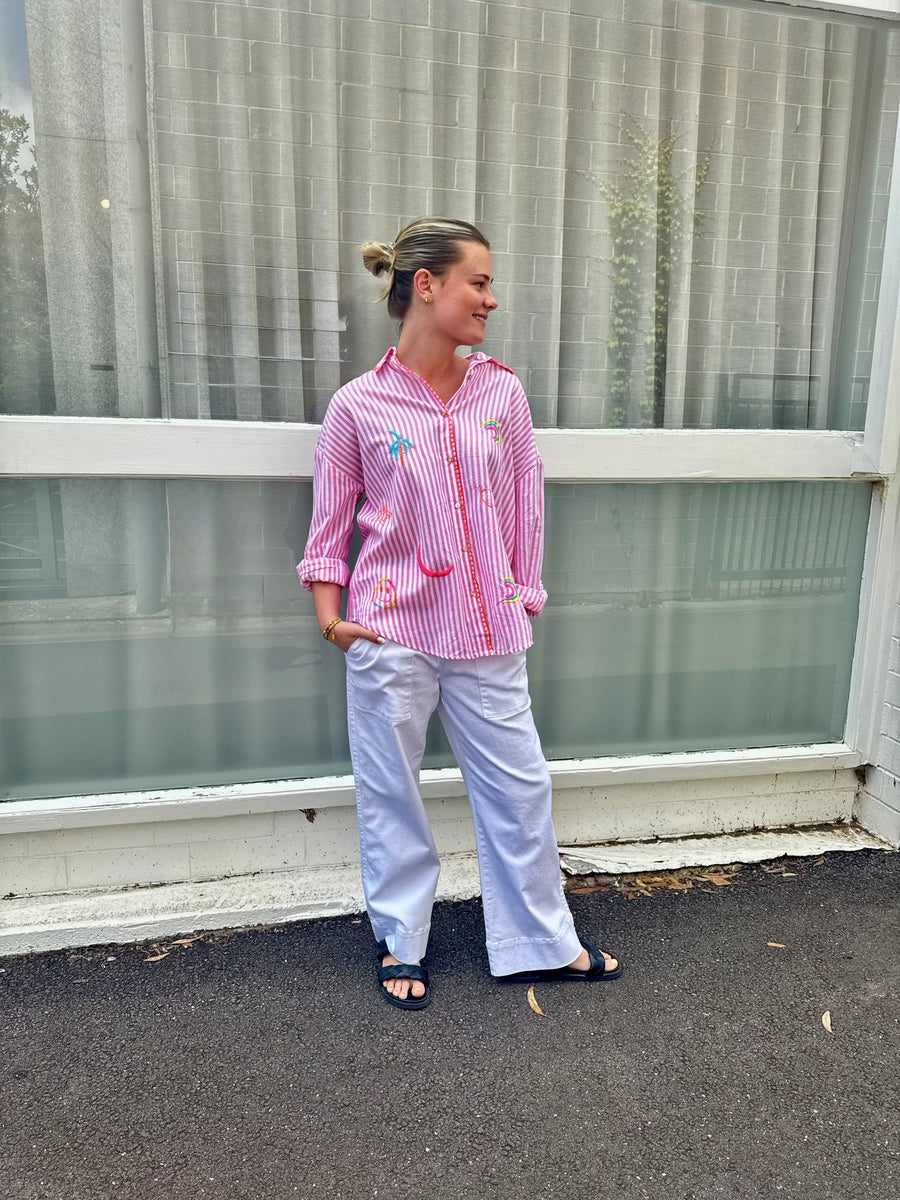 Pink & White Striped Embroidered Shirt