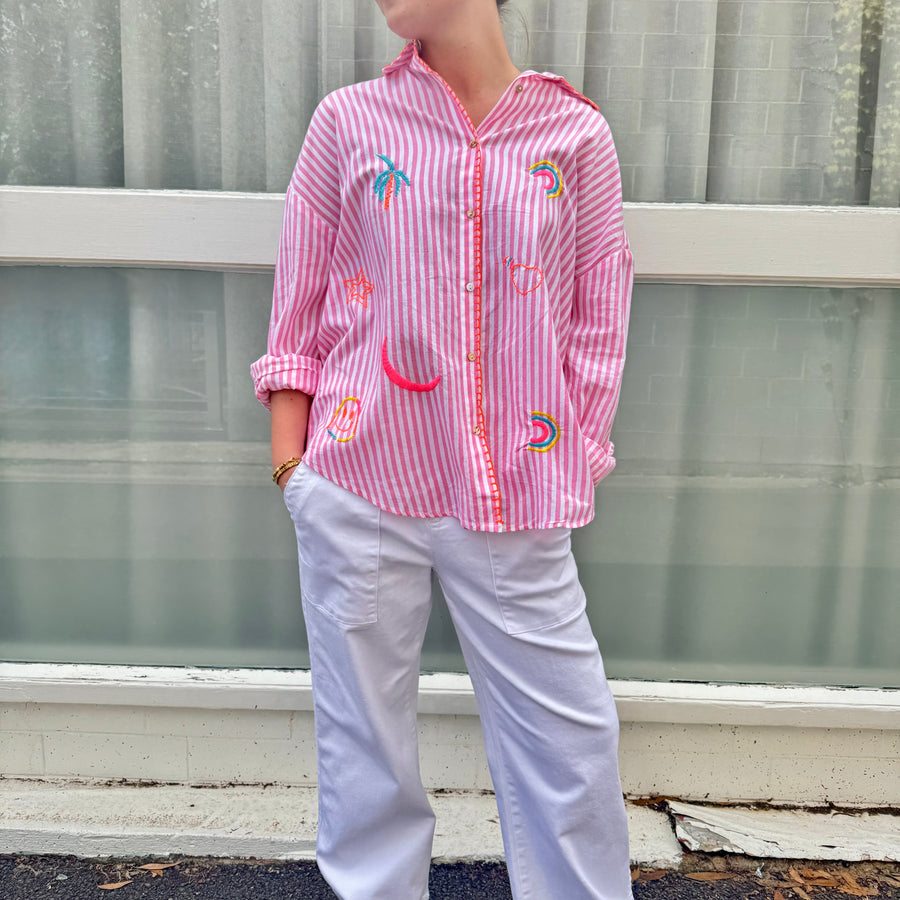 Pink & White Striped Embroidered Shirt