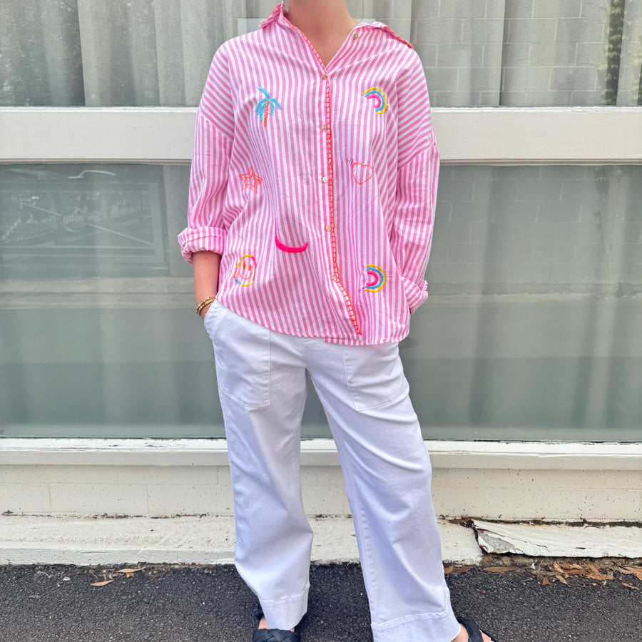Pink & White Striped Embroidered Shirt