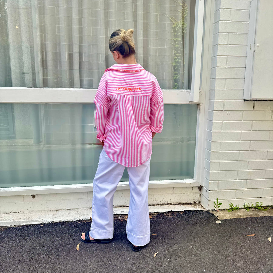 Pink & White Striped Embroidered Shirt