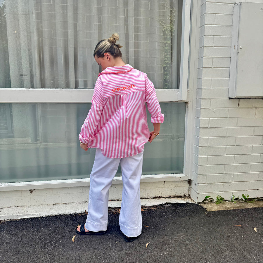 Pink & White Striped Embroidered Shirt