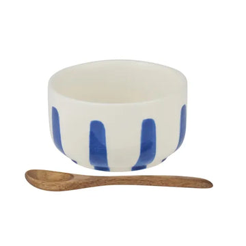 Blue Stripe Ceramic Bowl with Spoon