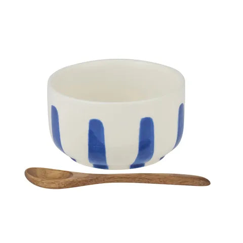 Blue Stripe Ceramic Bowl with Spoon