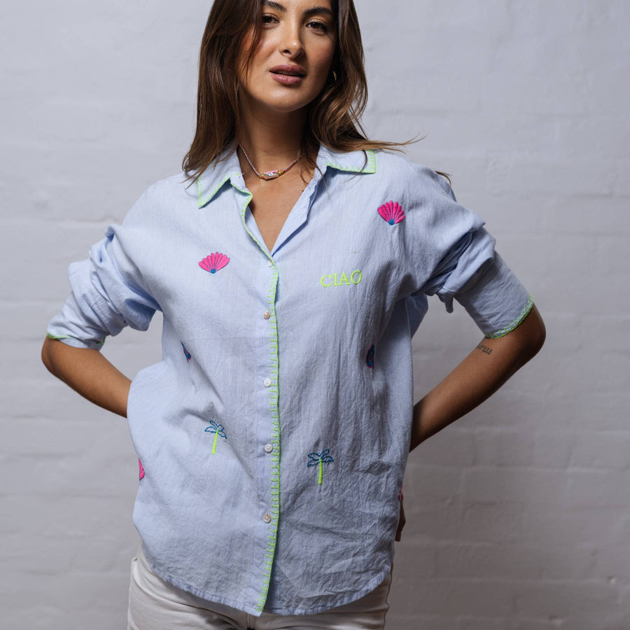 Pinstripe Embroidered Cotton Shirt