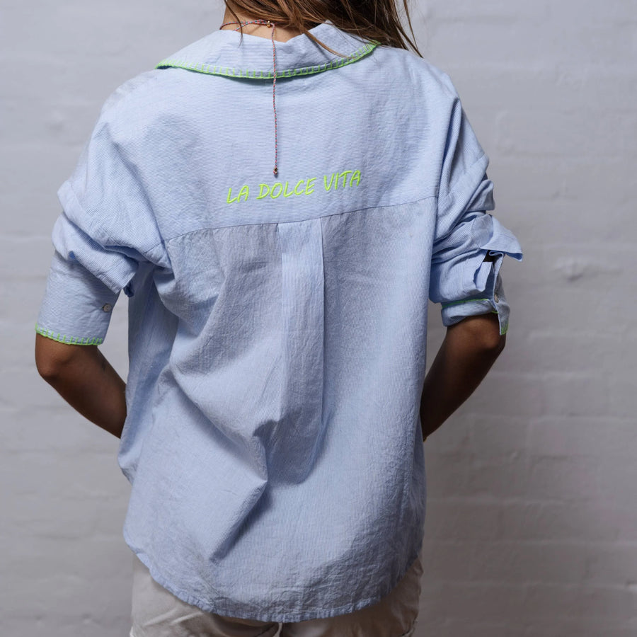 Pinstripe Embroidered Cotton Shirt