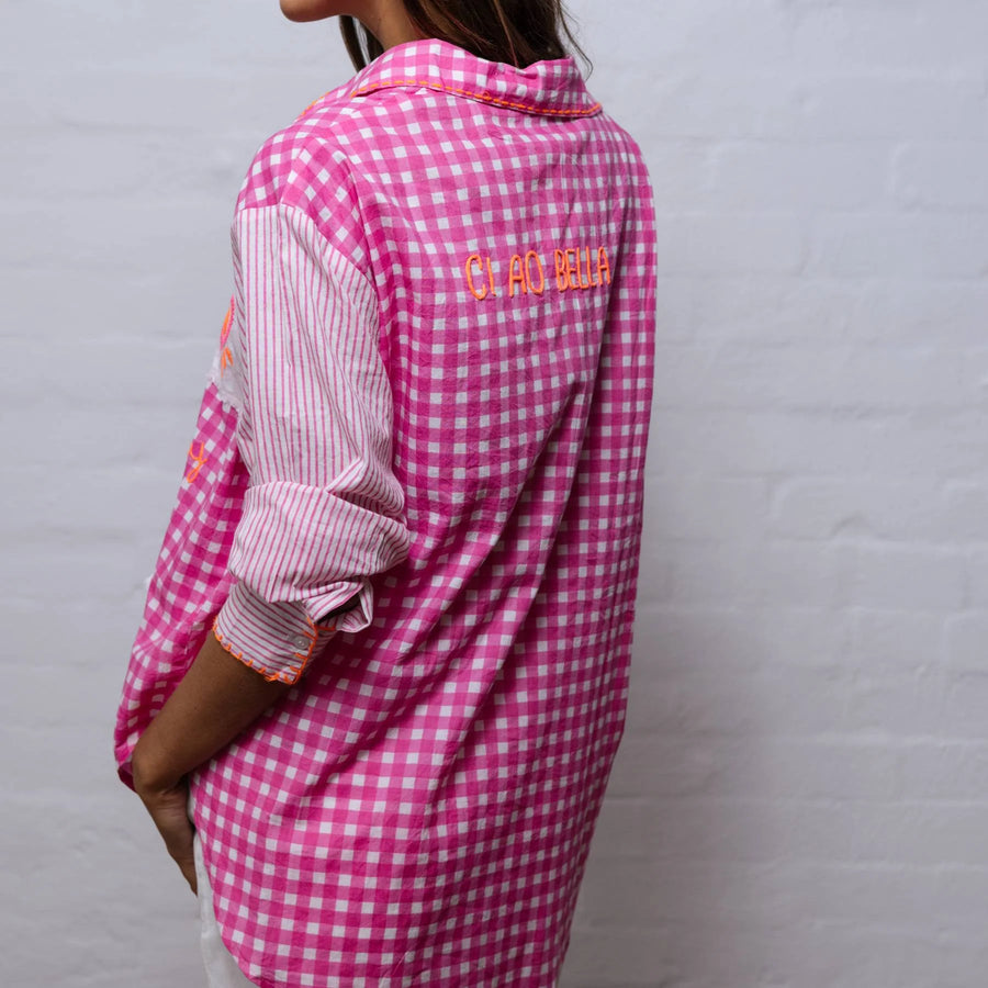 Pink Gingham Embroidered Cotton Shirt